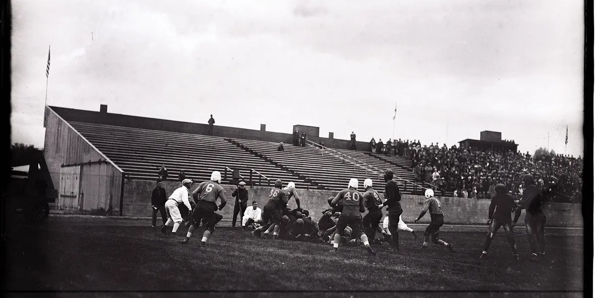 Historical public-domain BYU football game photo, used as editorial imagery for a BYU football history article.