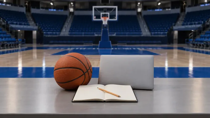 Original editorial still life of one basketball, a blank notebook, pencil and closed laptop in an empty blue basketball arena.