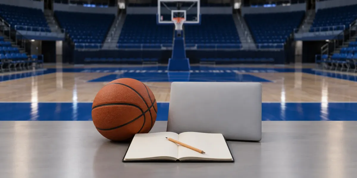 Original editorial still life of one basketball, a blank notebook, pencil and closed laptop in an empty blue basketball arena.
