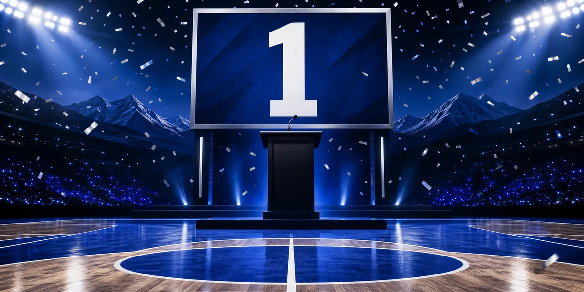 Abstract navy basketball court with a generic draft podium and number one draft board, created for BYU Sport Nuts.