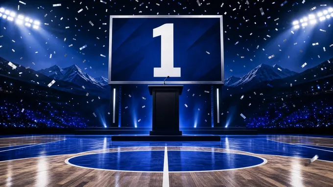 Abstract navy basketball court with a generic draft podium and number one draft board, created for BYU Sport Nuts.