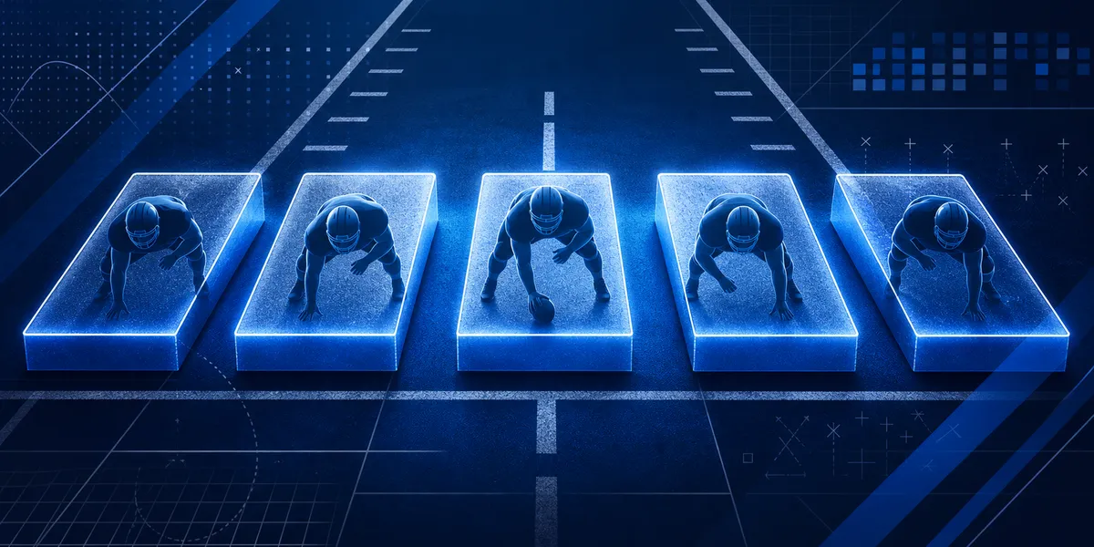 Abstract navy and royal football line-of-scrimmage blocks with a roster data grid, created for BYU Sport Nuts.