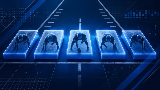 Abstract navy and royal football line-of-scrimmage blocks with a roster data grid, created for BYU Sport Nuts.