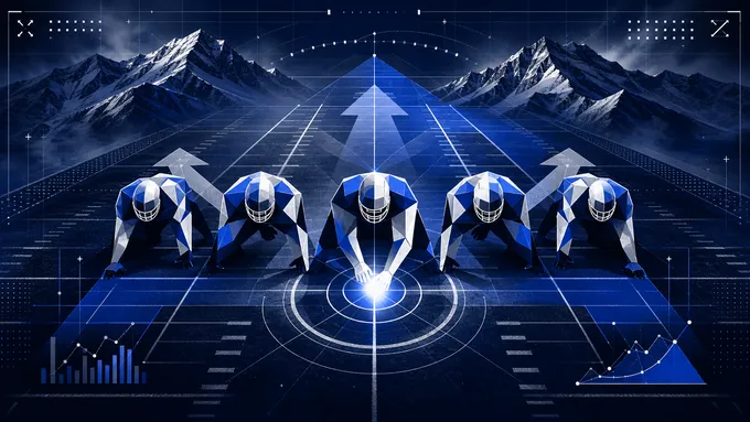 Abstract navy football field with five geometric offensive linemen and a glowing center snap point, created for BYU Sport Nuts.