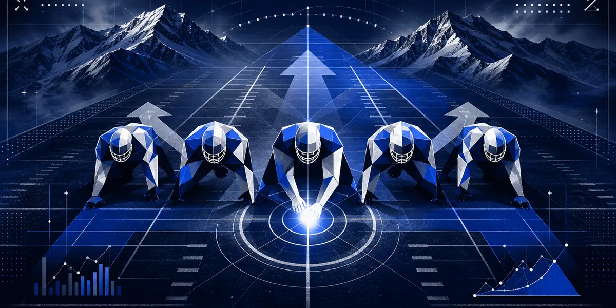 Abstract navy football field with five geometric offensive linemen and a glowing center snap point, created for BYU Sport Nuts.