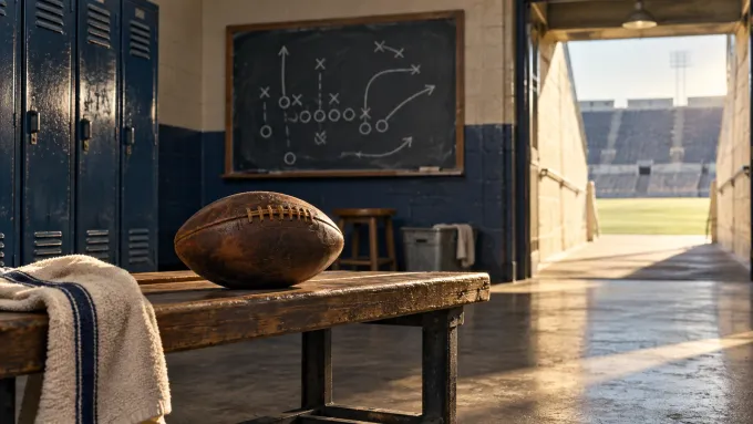 Original editorial illustration of one vintage football in an empty old-style locker room with a blank play diagram and stadium tunnel.