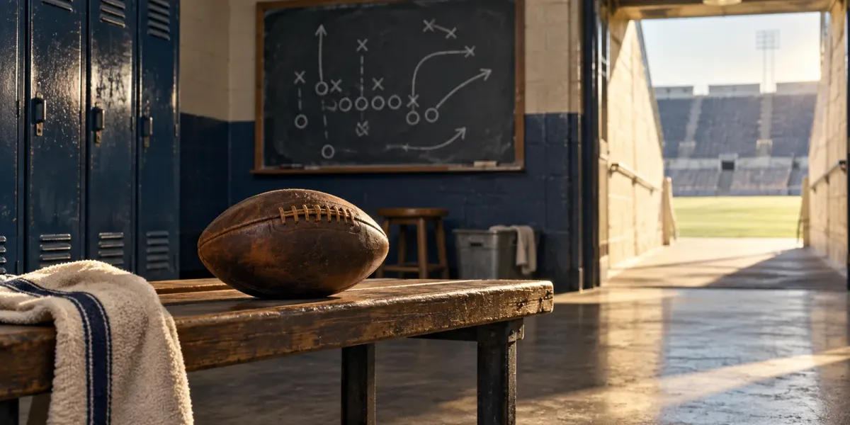 Original editorial illustration of one vintage football in an empty old-style locker room with a blank play diagram and stadium tunnel.