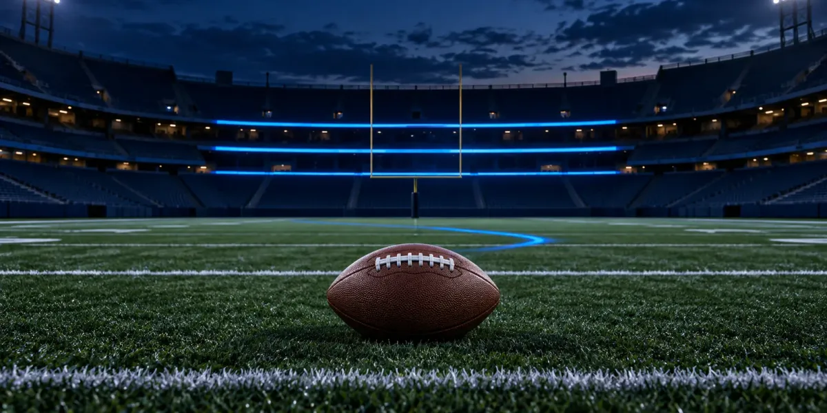 Original editorial image of one football centered on an empty field beneath four royal-blue bands and a goalpost.