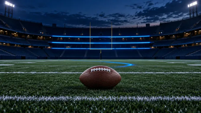Original editorial image of one football centered on an empty field beneath four royal-blue bands and a goalpost.