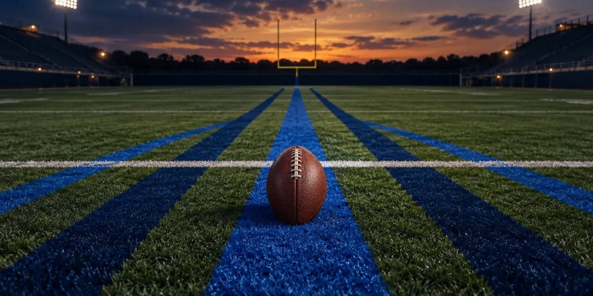 Original editorial illustration of one football following several royal-blue rushing lanes toward an unlabelled white benchmark stripe on an empty field.