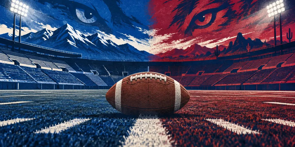 Original editorial illustration of a football at midfield between BYU royal-blue and Arizona cardinal-red stadium lights.