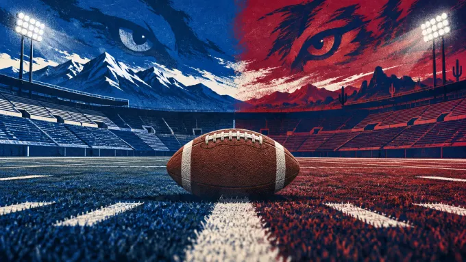 Original editorial illustration of a football at midfield between BYU royal-blue and Arizona cardinal-red stadium lights.