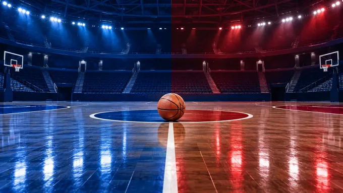 Original illustration of one basketball at center court between royal-blue and cardinal-red halves of an empty arena.