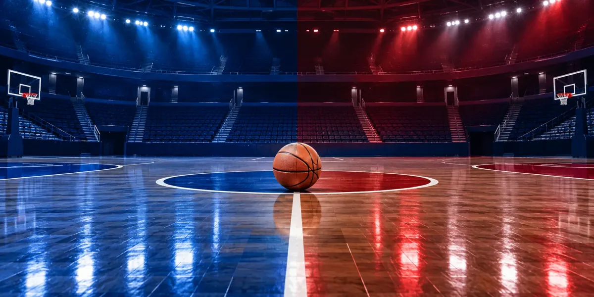 Original illustration of one basketball at center court between royal-blue and cardinal-red halves of an empty arena.
