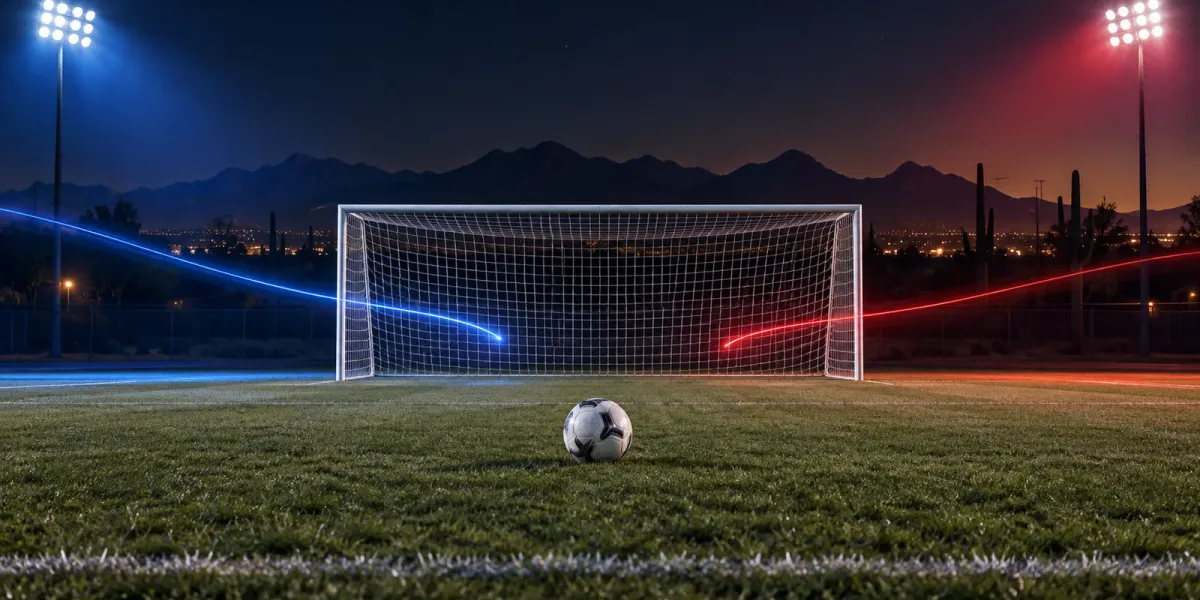 Original editorial image of one soccer ball before an empty goal on a field split between BYU blue and Arizona red beneath a Tucson night sky.