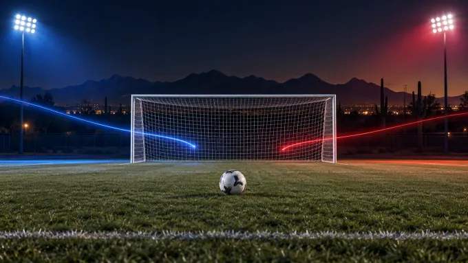 Original editorial image of one soccer ball before an empty goal on a field split between BYU blue and Arizona red beneath a Tucson night sky.