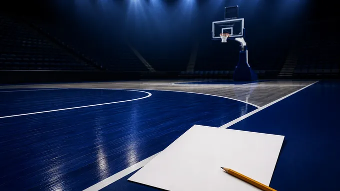 Abstract navy basketball court with a report card and pencil on the sideline, created for BYU Sport Nuts.
