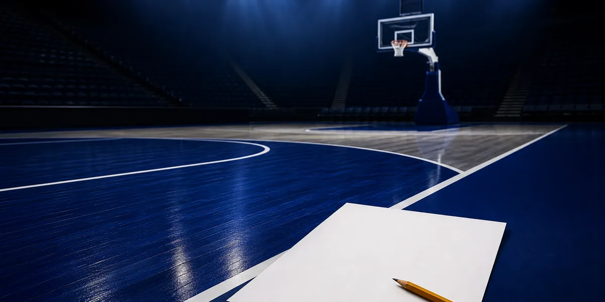 Abstract navy basketball court with a report card and pencil on the sideline, created for BYU Sport Nuts.