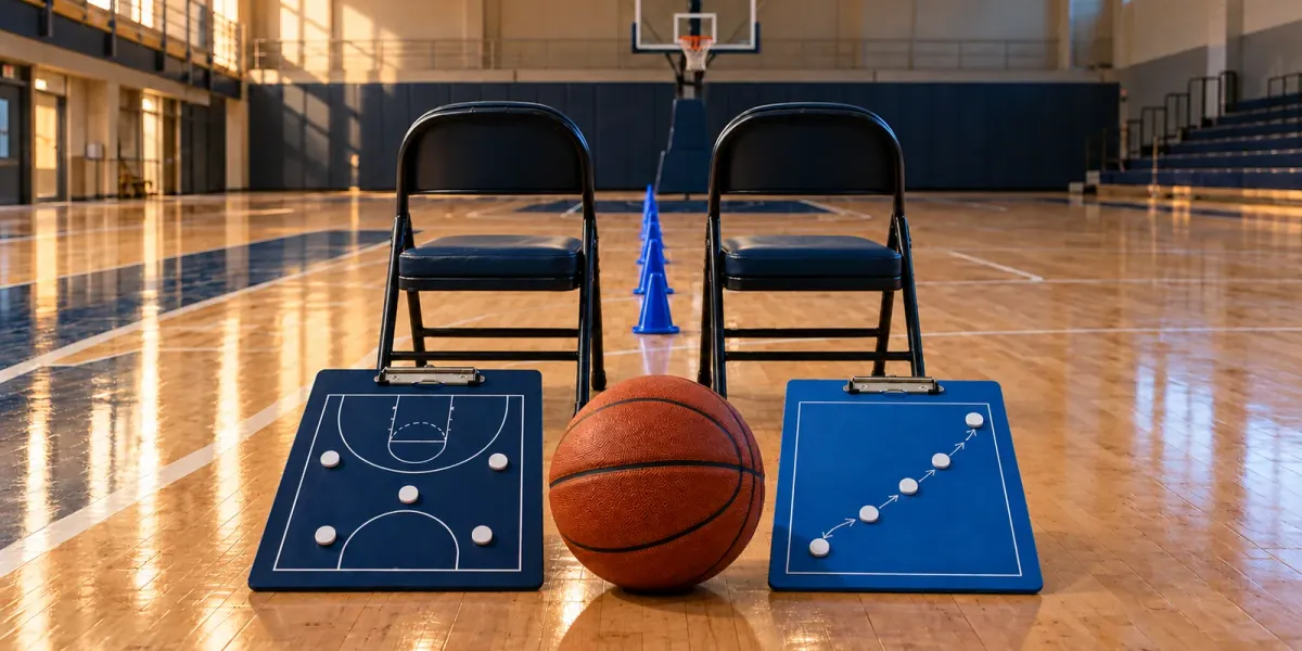 Original editorial basketball art with two empty coaching chairs, two strategy boards, one ball and seven blue practice cones on an empty court.
