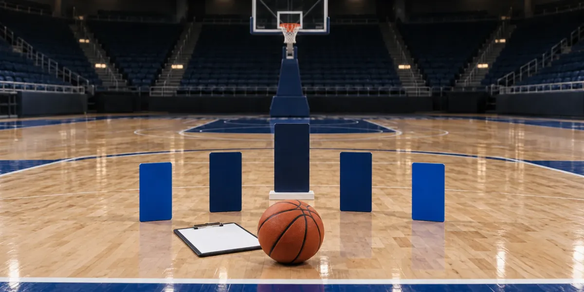 Original basketball art with one ball, five blank blue lineup tiles, a removable center base and an empty hoop on a quiet court.