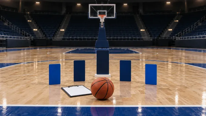 Original basketball art with one ball, five blank blue lineup tiles, a removable center base and an empty hoop on a quiet court.