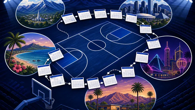 Abstract navy basketball court schedule map with arena lights and travel cards, created for BYU Sport Nuts.