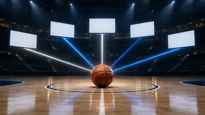 Original editorial art of one basketball sending five blue light paths toward blank broadcast panels around a dark court.
