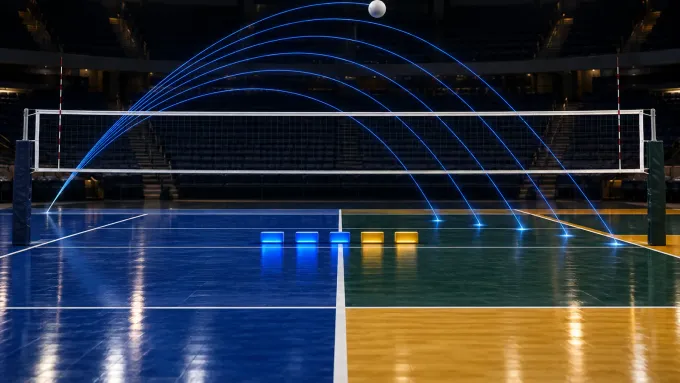 Original editorial image of six blue serve paths crossing an empty volleyball court split between BYU royal blue and Baylor green and gold, with three blue and two gold set markers.