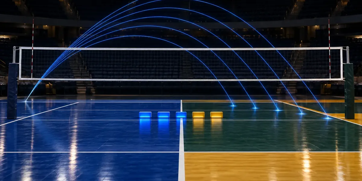 Original editorial image of six blue serve paths crossing an empty volleyball court split between BYU royal blue and Baylor green and gold, with three blue and two gold set markers.
