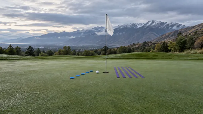Original editorial image of five blue golf markers and five purple lanes surrounding one ball and cup on an empty mountain course.