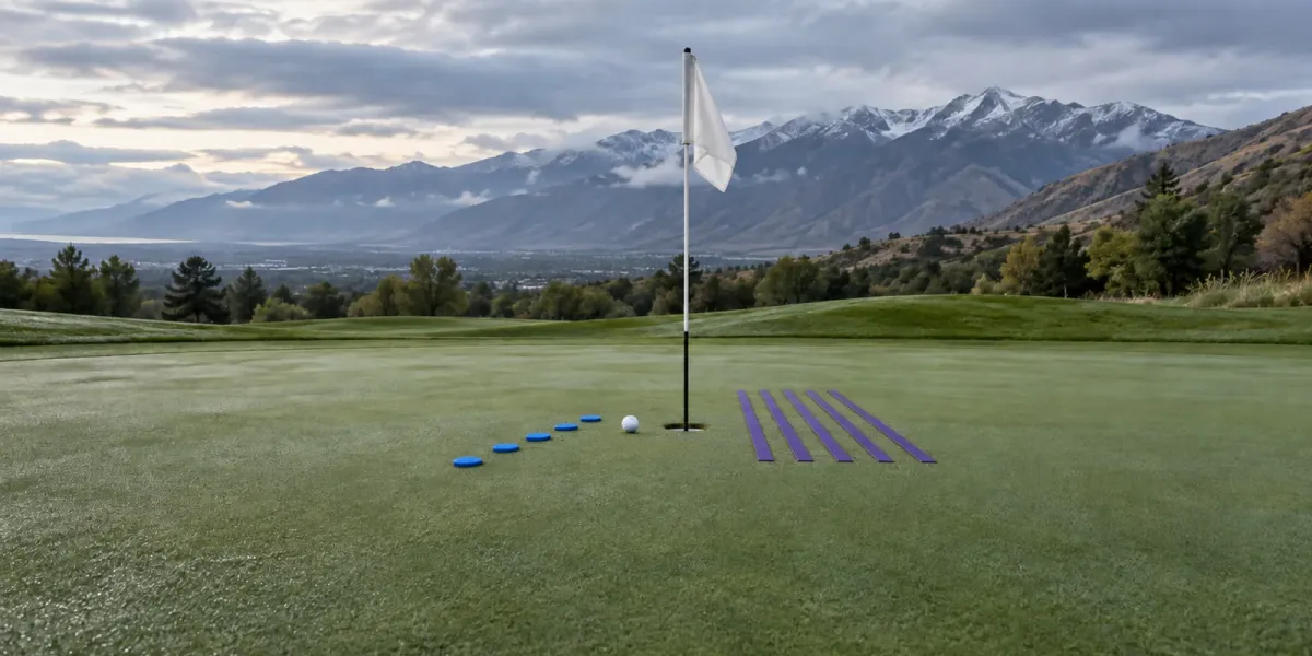 Original editorial image of five blue golf markers and five purple lanes surrounding one ball and cup on an empty mountain course.