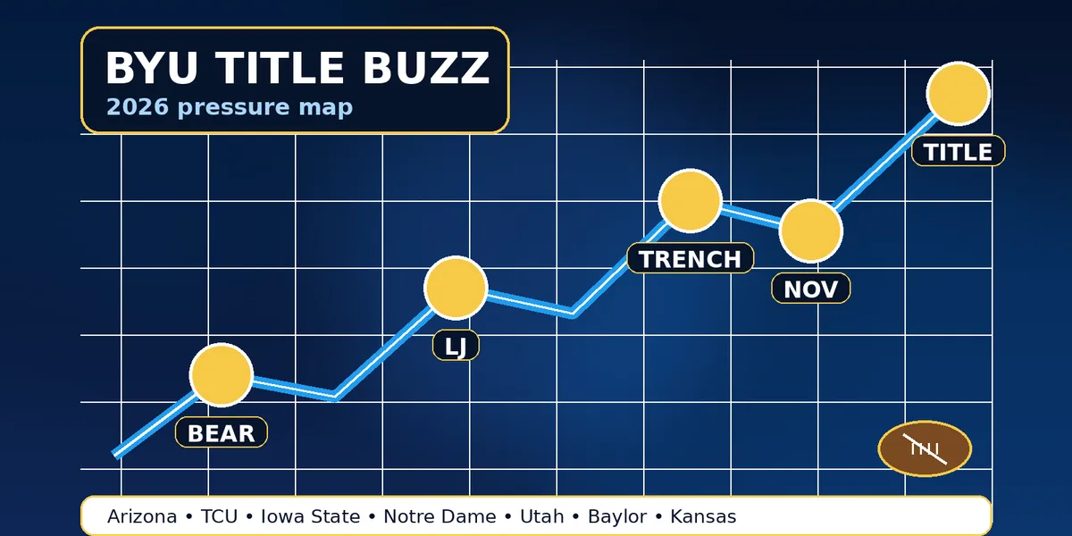 Abstract navy and royal football pressure map with BYU schedule markers and a highlighted title path, created for BYU Sport Nuts.