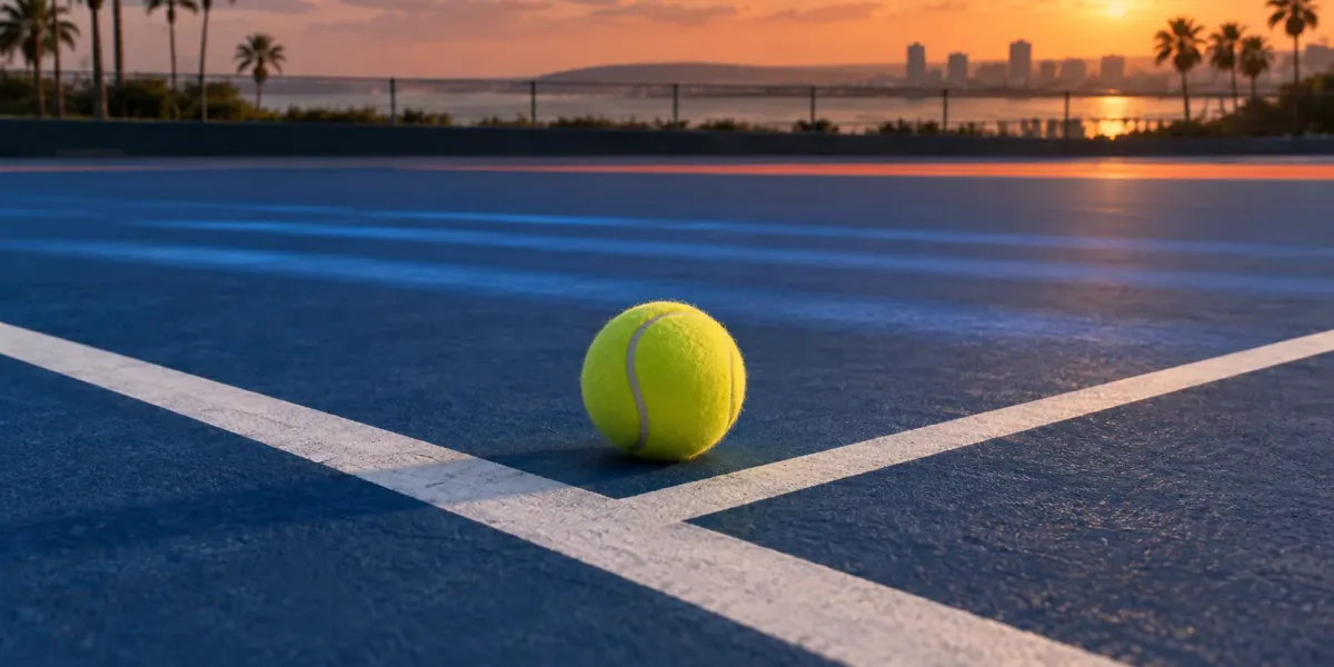 Original editorial image of one tennis ball on an empty royal-blue court in San Diego sunset light.