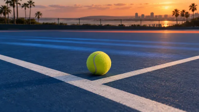 Original editorial image of one tennis ball on an empty royal-blue court in San Diego sunset light.