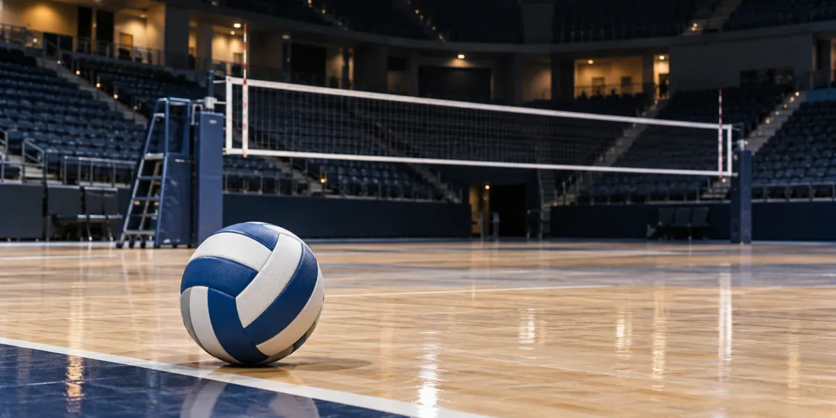 Original editorial illustration of one blue-and-white volleyball on an empty indoor court after a road match.