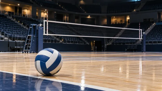 Original editorial illustration of one blue-and-white volleyball on an empty indoor court after a road match.
