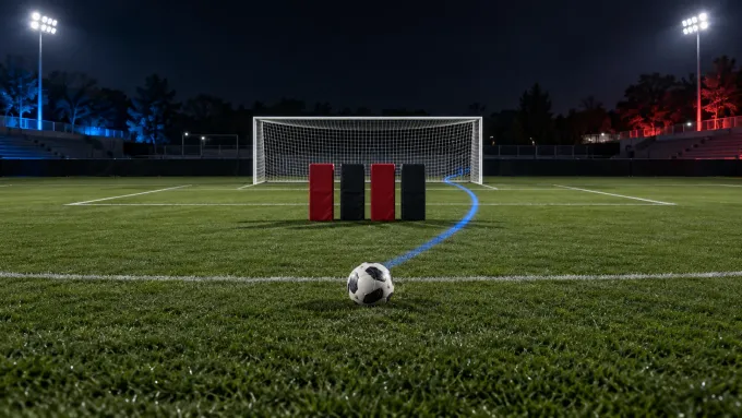 Original editorial image of one soccer ball and four red-and-black wall blocks before a goal on a field split between BYU blue and Cincinnati red and black.