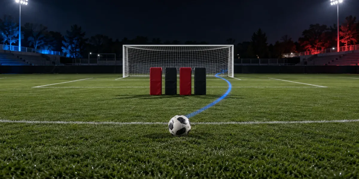 Original editorial image of one soccer ball and four red-and-black wall blocks before a goal on a field split between BYU blue and Cincinnati red and black.