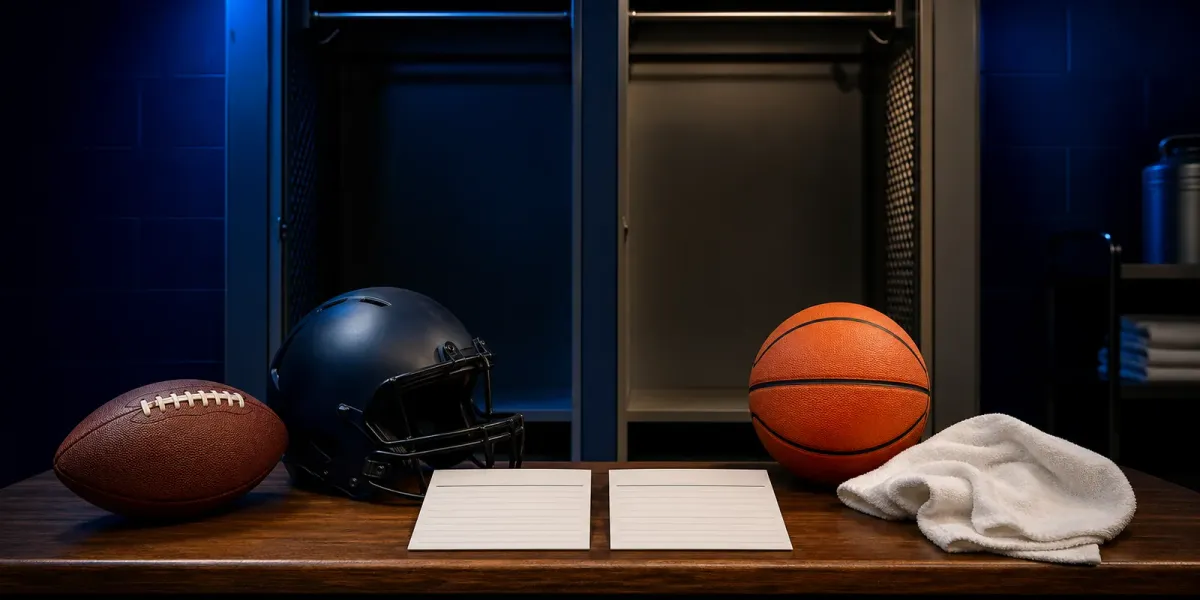 Original editorial art showing empty football and basketball lockers with two blank roster cards.