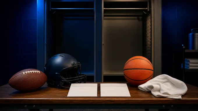 Original editorial art showing empty football and basketball lockers with two blank roster cards.