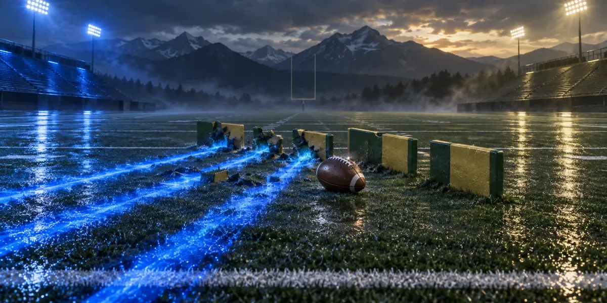 Original editorial illustration of three blue rushing lanes breaking through green and gold markers on a wet football field.