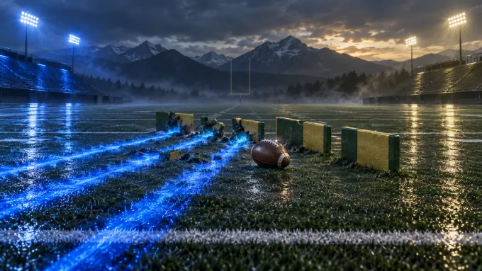 Original editorial illustration of three blue rushing lanes breaking through green and gold markers on a wet football field.