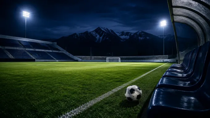 Original editorial illustration of a soccer ball beside empty bench seats at a mountain-backed field at night.