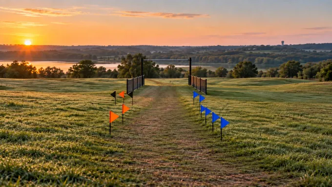Original editorial image of seven blank blue pennants forming a compact scoring pack opposite orange and black markers on an empty cross-country course.