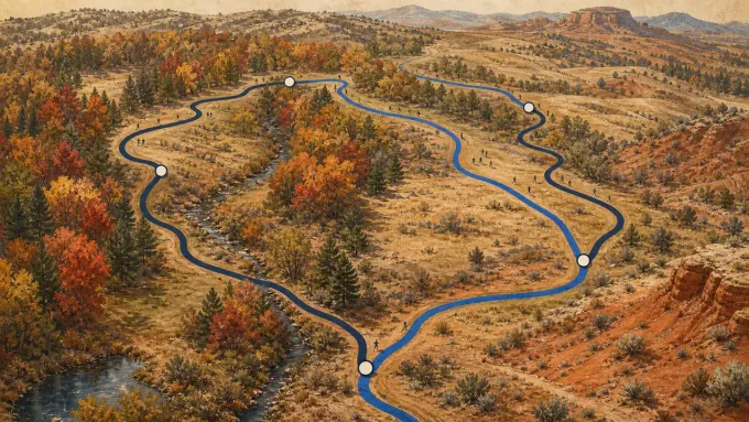 Original editorial illustration of two blue cross-country routes winding through an autumn course.