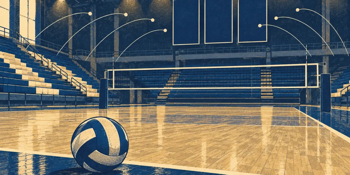 Original editorial illustration of a volleyball resting on an empty navy-and-cream fieldhouse court.