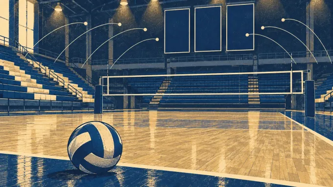 Original editorial illustration of a volleyball resting on an empty navy-and-cream fieldhouse court.