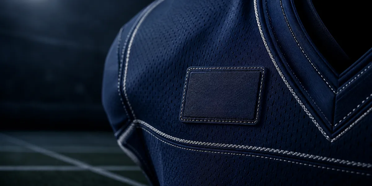 Abstract navy football jersey texture with a blank stitched sponsor patch, created for BYU Sport Nuts.