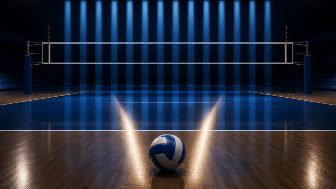 Original editorial illustration of one volleyball on an empty navy court beneath a net and vertical blue lights.