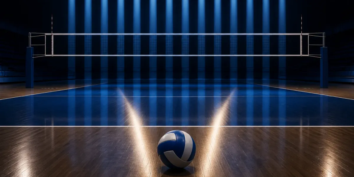 Original editorial illustration of one volleyball on an empty navy court beneath a net and vertical blue lights.